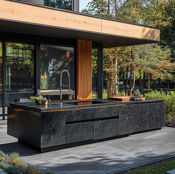 Outdoor kitchen island with dark stone countertop