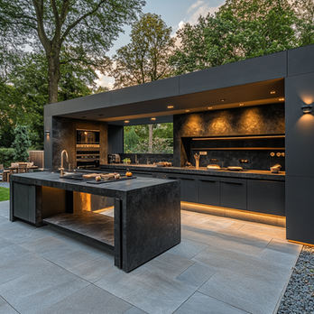 Outdoor kitchen island with dark stone countertop at dusk