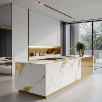 White kitchen island with gold-veined stone countertop