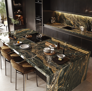 Dark kitchen island with green stone countertop
