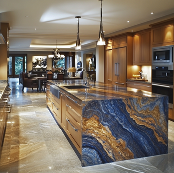 Wood kitchen island with blue and gold stone countertop